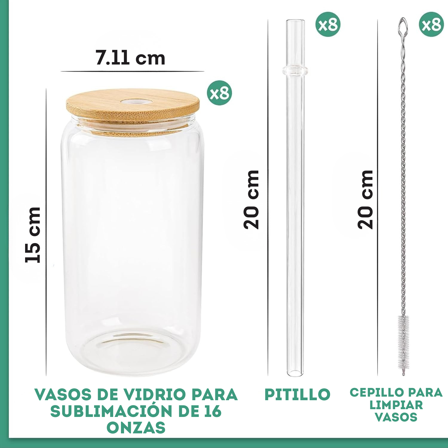 Paquete de 8 vasos de vidrio de sublimación en blanco con tapa de bambú 16 onzas - SOBREPEDIDO