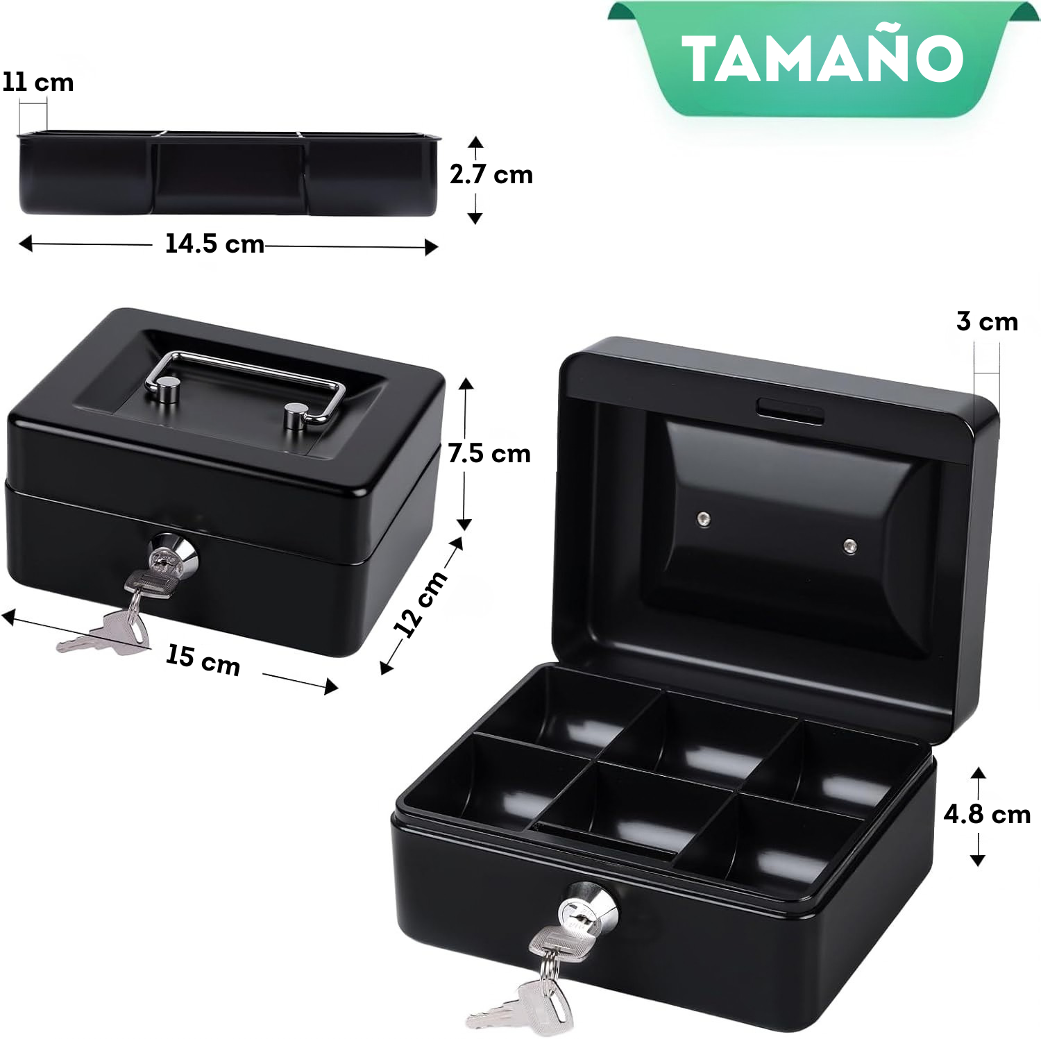 Mini caja de efectivo con cerradura de llave negra